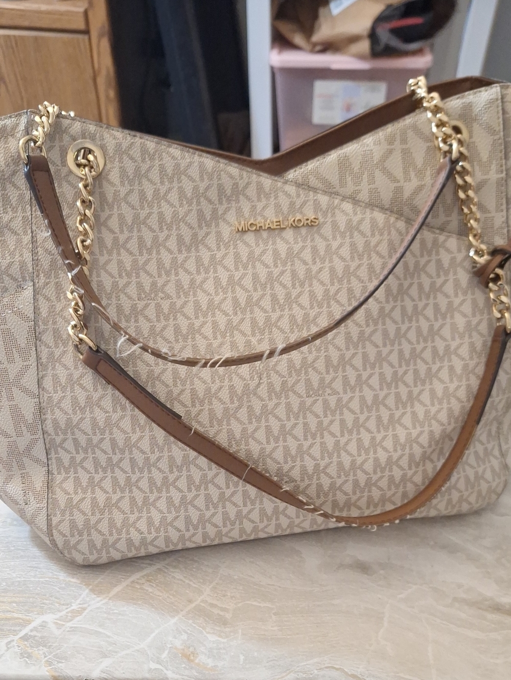 Michael Kors Beige Logo Chain-Handle Shoulder Bag
